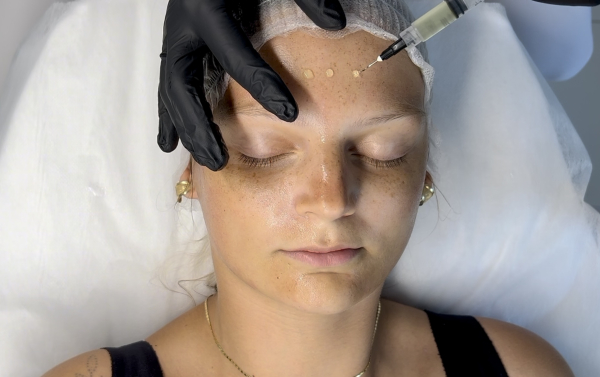 Online microneedling course – applying an active serum during a dermapen treatment